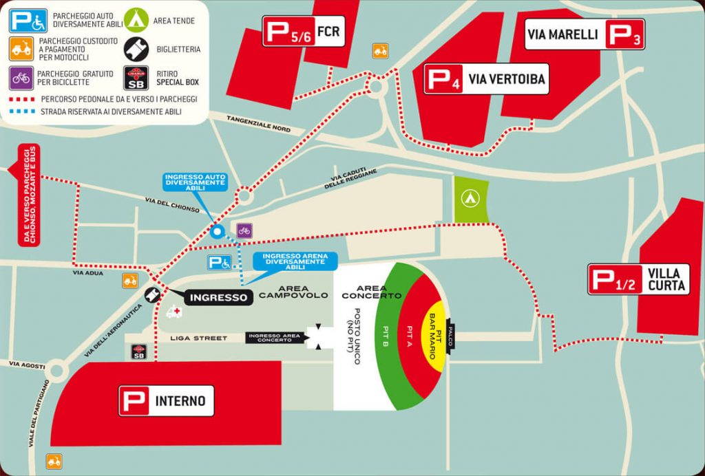 La mappa dell’arena inclusi i parcheggi dell’ultimo concerto di Ligabue a Campovolo